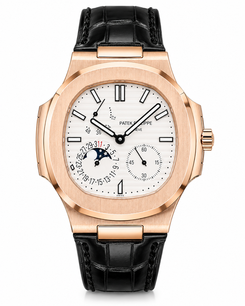 PP Nautilus – Rose Gold, White Dial & Black Leather Moonphase Chronograph