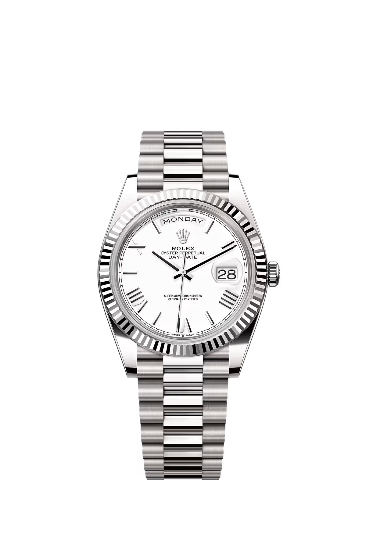 Day-Date 40 – White Roman Dial & Fluted Bezel