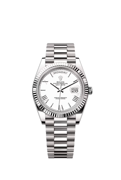 Day-Date 40 – White Roman Dial & Fluted Bezel