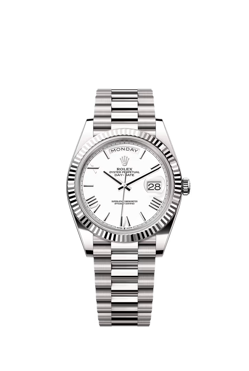 Day-Date 40 – White Roman Dial & Fluted Bezel